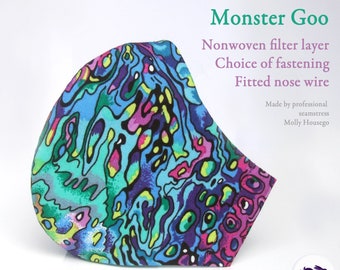 3ply UK Seamstress Face Mask - 100% Cotton, reusable & washable, adjustable fitted nose wire, nonwoven filter layer. Monster Goo