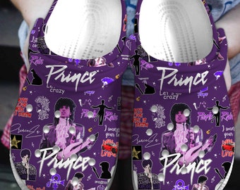 Zapatos de zuecos de lluvia Prince Purple personalizados, zapatos de zuecos de música Prince, zapatos de verano Prince, sandalias de mujer para hombre Prince, regalos de fans de Prince Purple