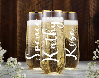 Gold Rimmed Flutes, Personalized Champagne Glasses, Stemless Flutes, Bachelorette Party Favors, Bridesmaid Proposal, Wedding Party Flute