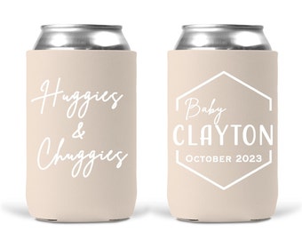 Huggies & Chuggies Baby Shower Can Cooler, Bulk Custom Coozies, Baby Shower Favors, Beer Huggers,Pregnancy Announcement, Baby Shower Cozies