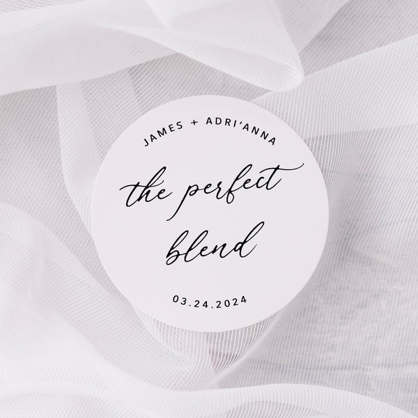 The Perfect Blend Labels , Round White Matte Stickers , Wedding Coffee Snack Bag Sweets Desserts Favors Stickers, Wedding Favor Bag Labels