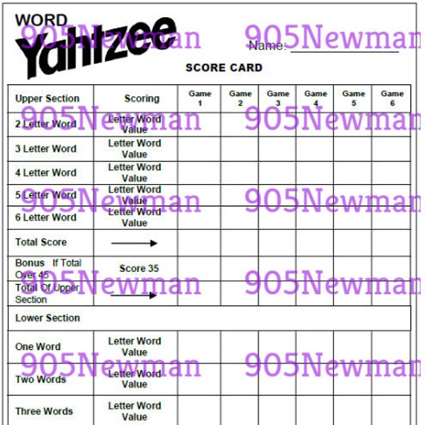 Digital Word Yahtzee Score Cards