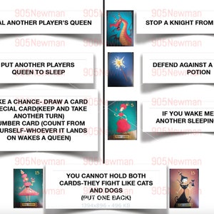 May include: A set of playing cards for a game with illustrations of a knight, a potion bottle, a bird, a dragon, a wand, a woman in a red dress, and a woman in a black dress. The cards have text on them, including "Steal another player's queen", "Put another players queen to sleep", "Take a chance - draw a card", "Stop a knight from stealing", "Defend against a sleeping potion", "If you wake me, wake another sleeping queen", and "You cannot hold both cards - they fight like cats and dogs (put one back)".