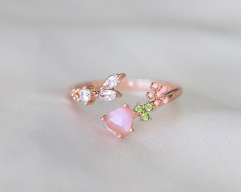 Bague fleur, bagues pierre rose, pierre rouge, bagues superposables, bagues réglables, bague grappe, bagues empilables délicates, bague florale