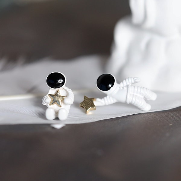 Astronaut earrings, Mismatched earrings, Astronomy studs, spaceman earrings, star earrings, space earrings, galaxy earrings, planet earrings