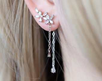 Two ways flower earrings, flower threader earrings, long flower earrings, botanical earrings, silver flower earrings, flower dangle earrings