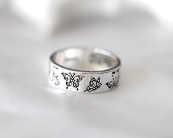 Engraved Butterfly Band Ring, Silver Band Ring, Butterfly Ring, Personalize Ring, Minimal Band Ring, Holiday Gifts Jewelry, Gift for her