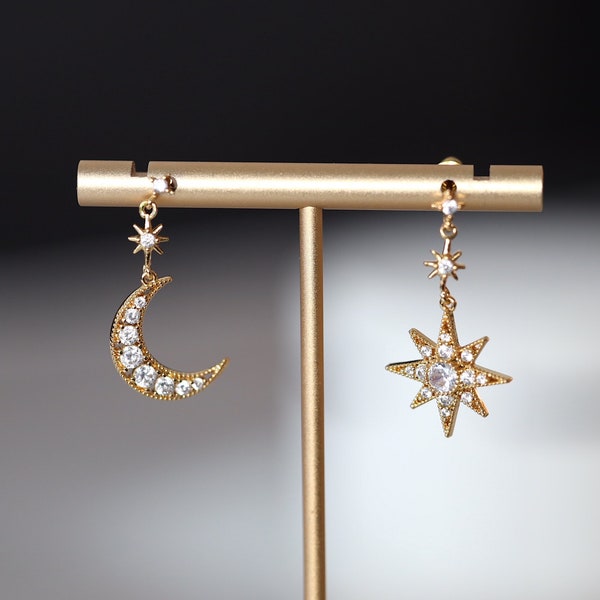 Moon and star earrings, moon drop earrings, star earrings, mismatched earrings, starburst earrings, gold Star earrings, gold moon earrings