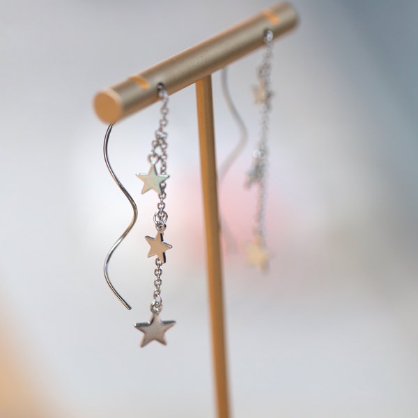 Star dangle earrings, Long Star Bar Ear Threader, celestial earrings, silver star earrings, star drop earrings, star threader earrings