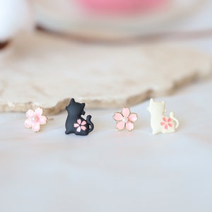Cat and sakura earrings, cat earrings, flower earrings, cat lover earrings, Cat jewelry, flower earring, rose jewelry, botanical earrings
