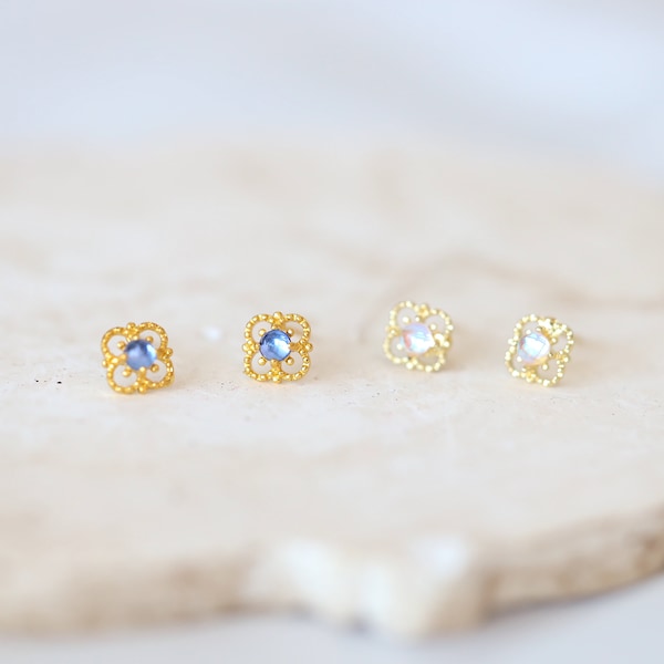 Moonstone studs, tiny gem studs, Blue vintage studs earrings, dainty gold earrings, feminine studs, Opal Vintage Stud Earrings, shiny studs