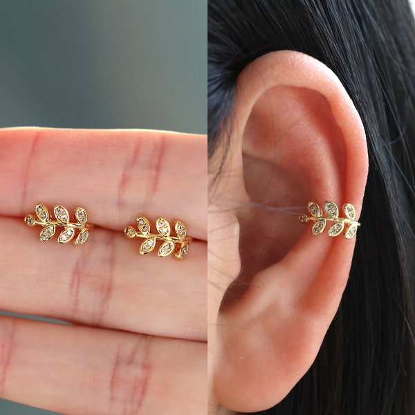 Set of 2 leaf ear cuffs, gold leaf ear cuffs, ear cuff, gold ear cuff, ear cuff no piercing, ear crawler earrings, Helix cuff, kids ear cuff