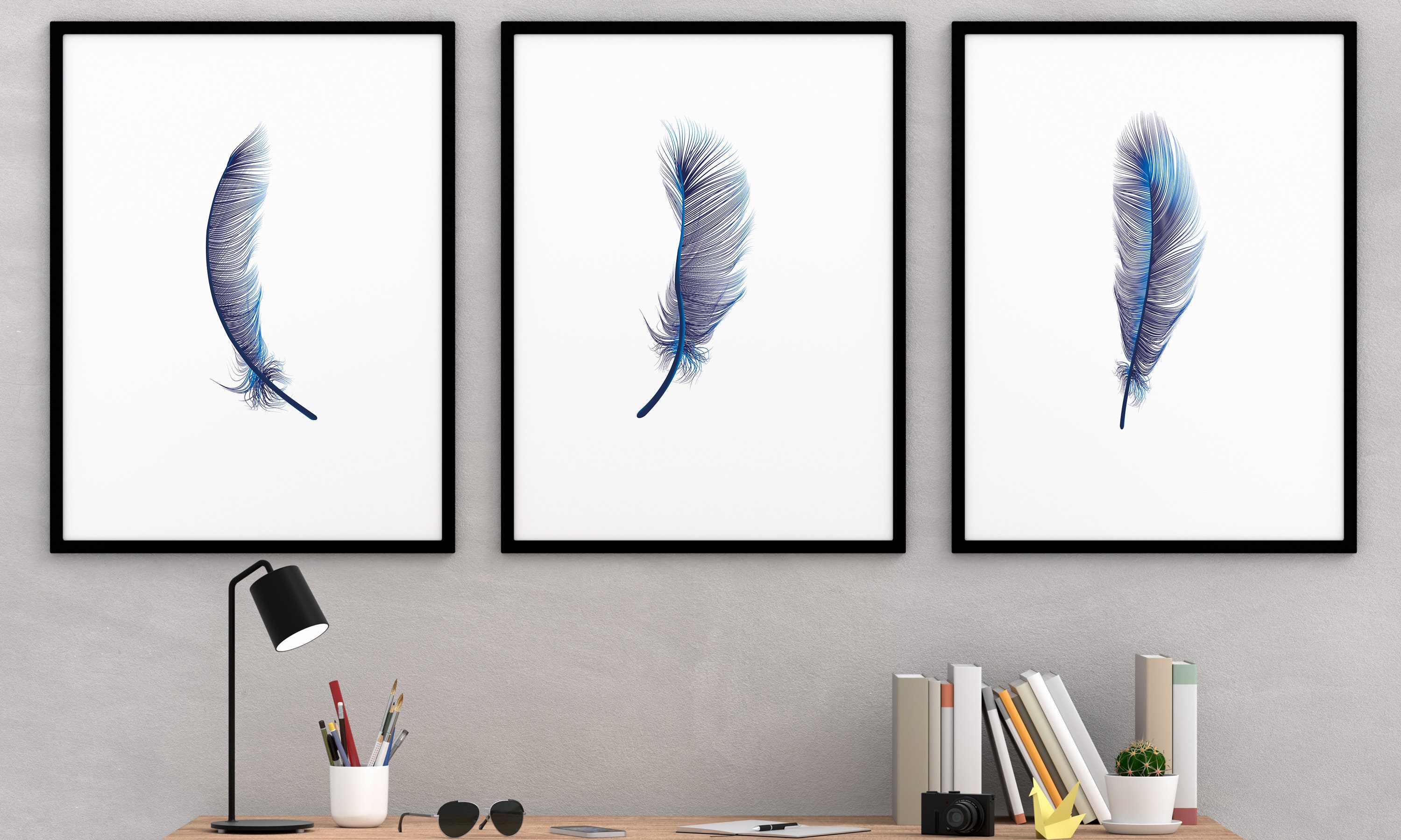 Set of 3 Blue Feather wall art Dining Room Decor Etsy