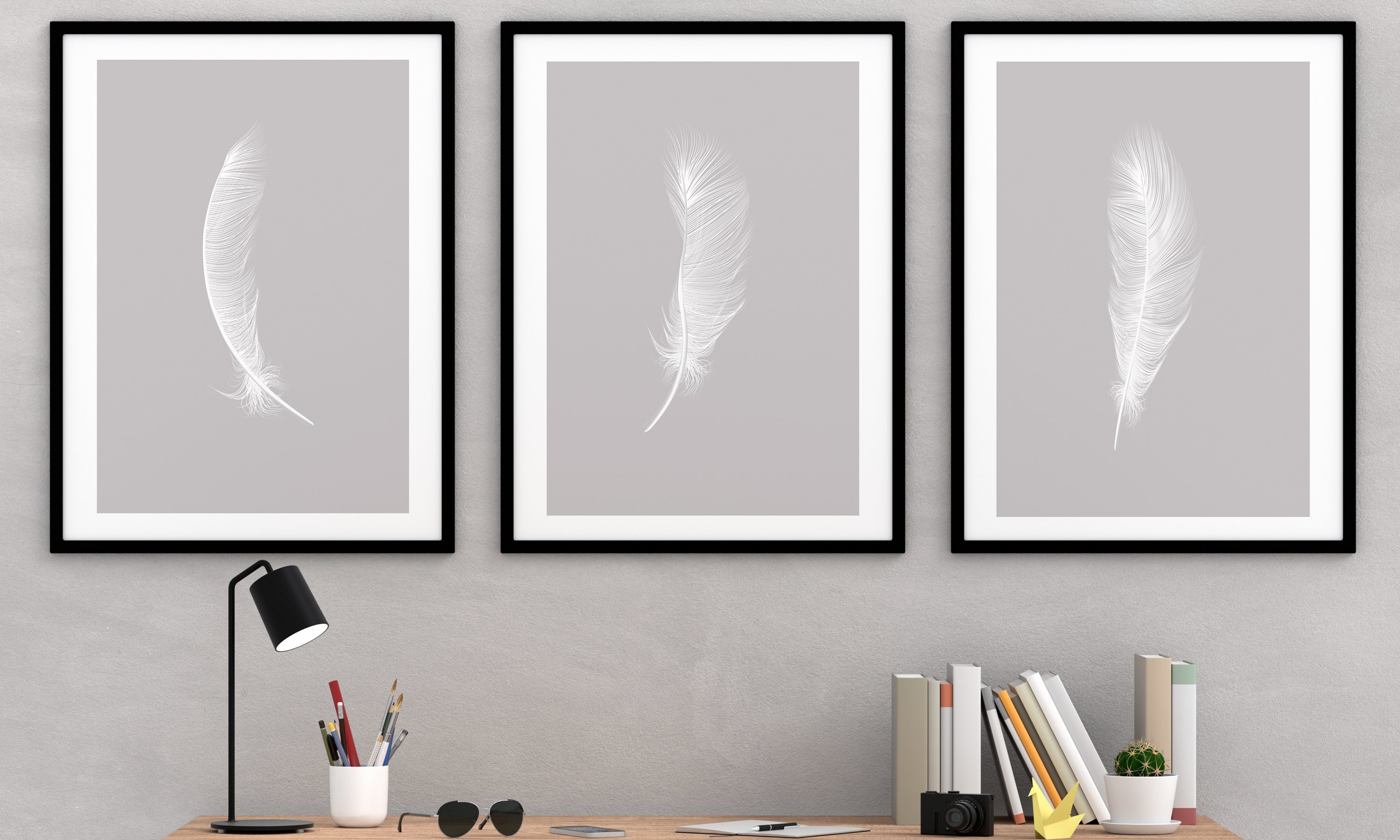 Set of 3 White Feather wall art Dining Room Decor Etsy