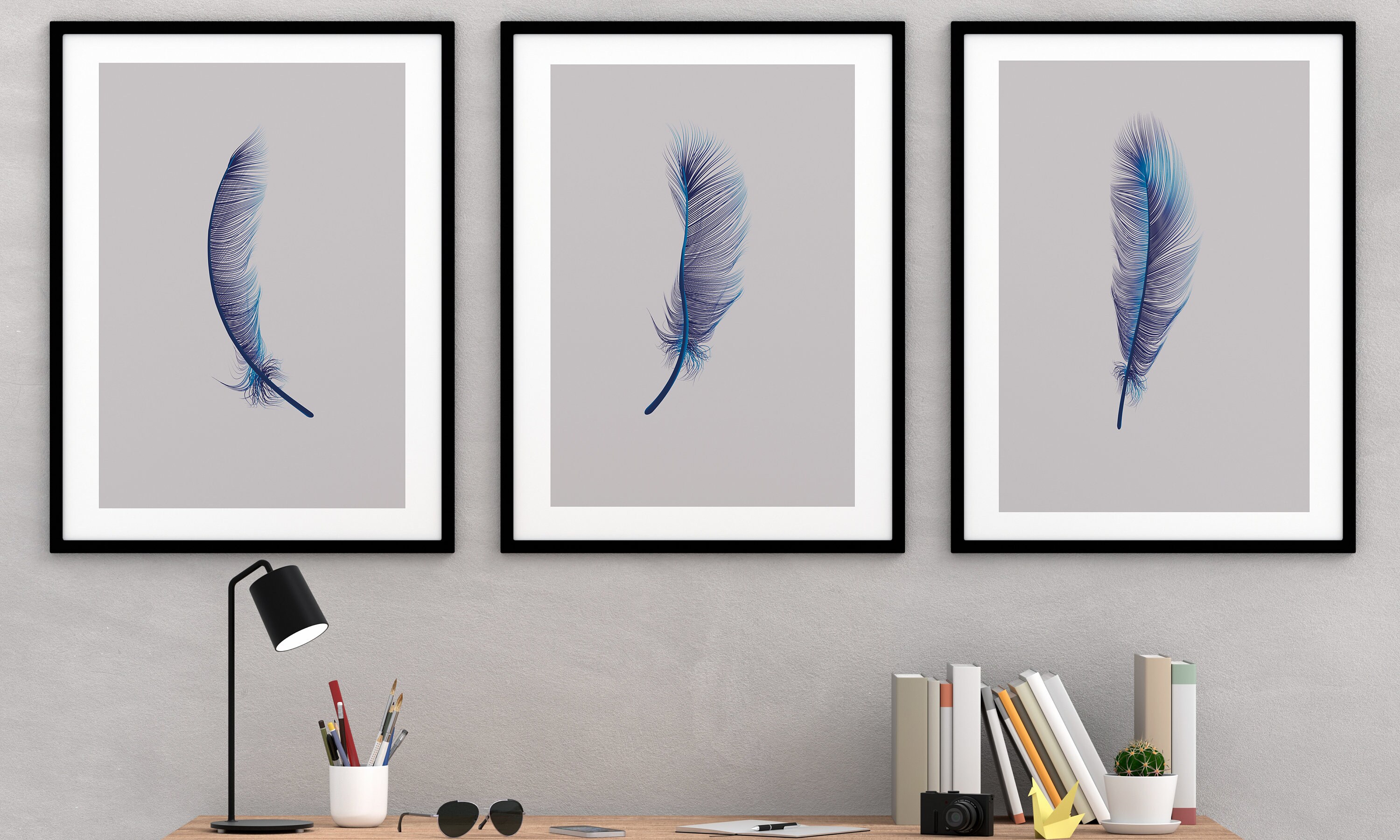Set of 3 Blue Feather wall art Dining Room Decor Etsy