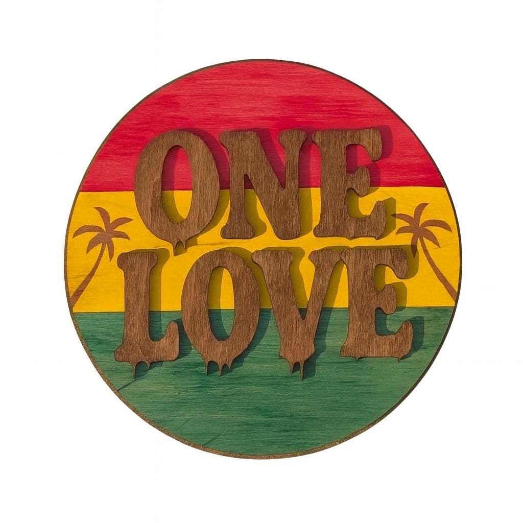 ONE LOVE Reggae Wall Sign: Rasta Home Decor with Palm Tree - Thumbnail 2