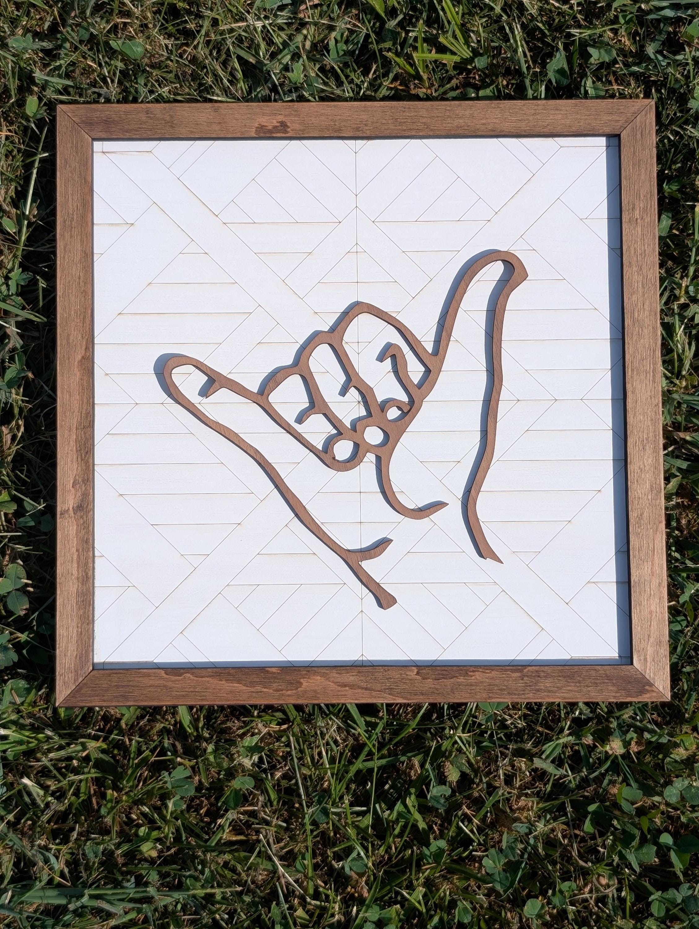 Shaka Hand Wood Wall Art: Rustic Geometric Surf Decor - Thumbnail 4