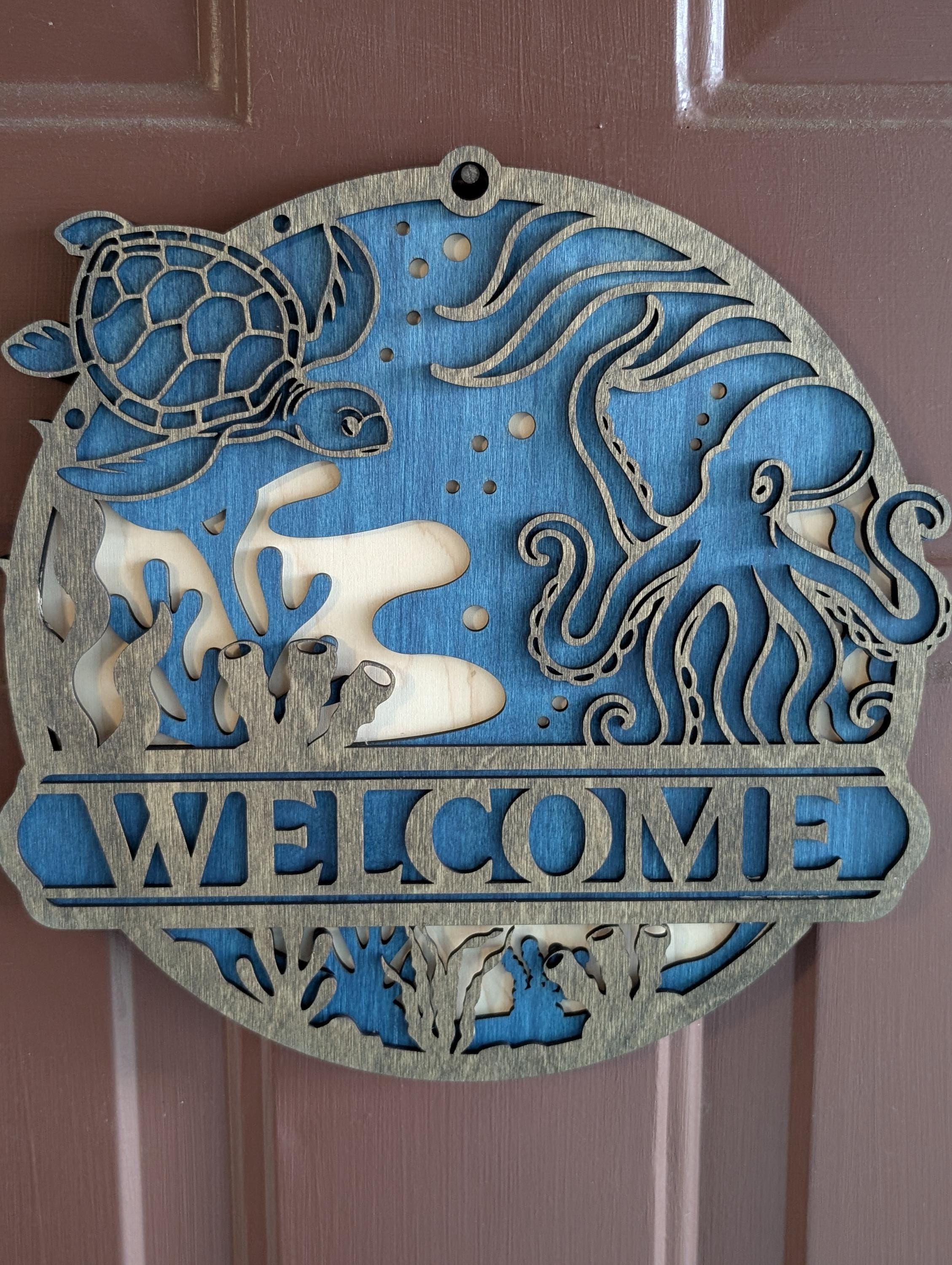 Ocean Welcome Sign – Sea Turtle & Octopus Coastal Door Hanger | Beach House Decor | Nautical Laser Cut Wood Sign - Thumbnail 6