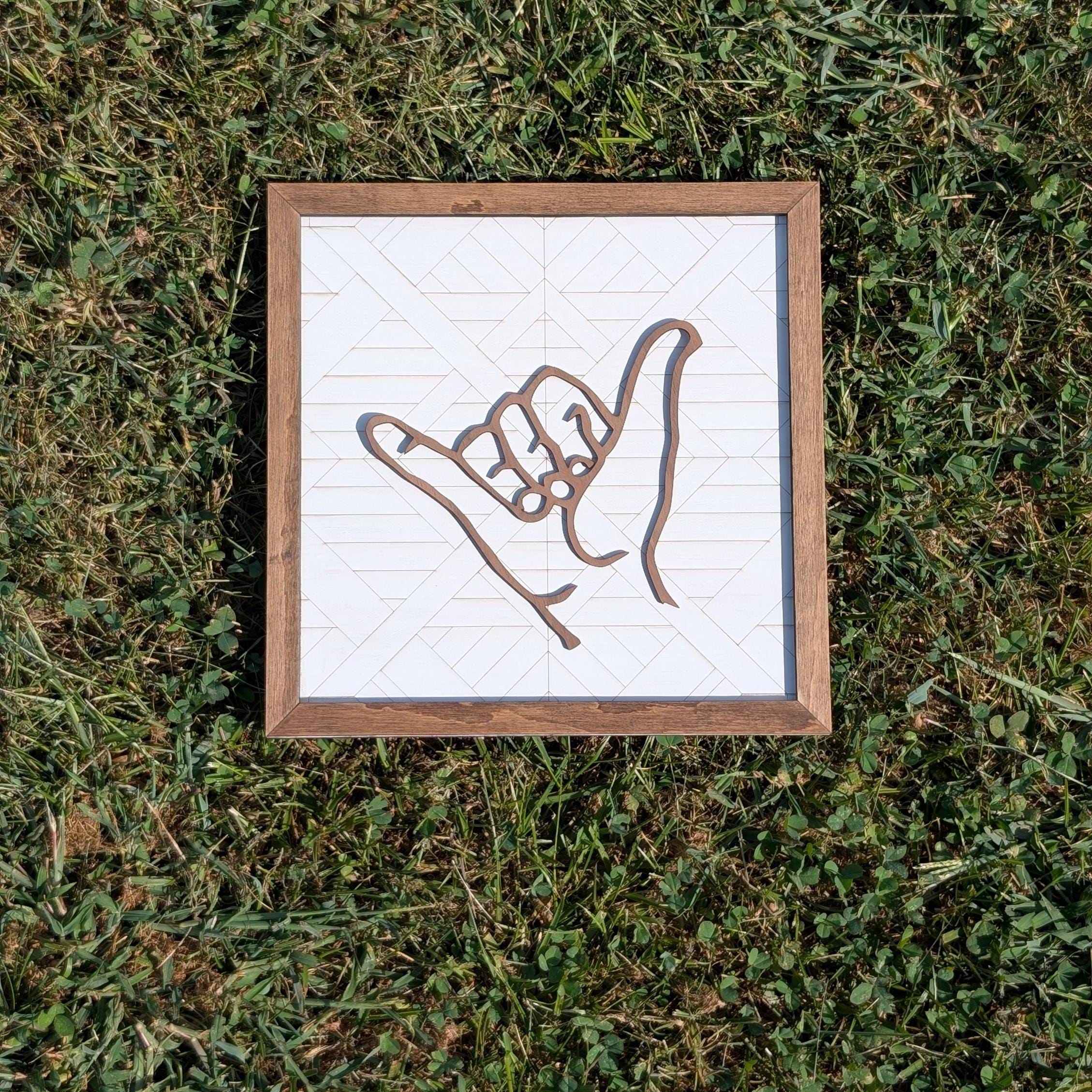 Shaka Hand Wood Wall Art: Rustic Geometric Surf Decor - Thumbnail 3