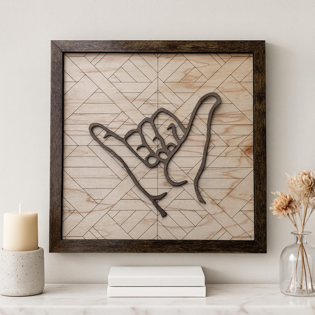 Shaka Hand Wood Wall Art: Rustic Geometric Surf Decor - Thumbnail 2
