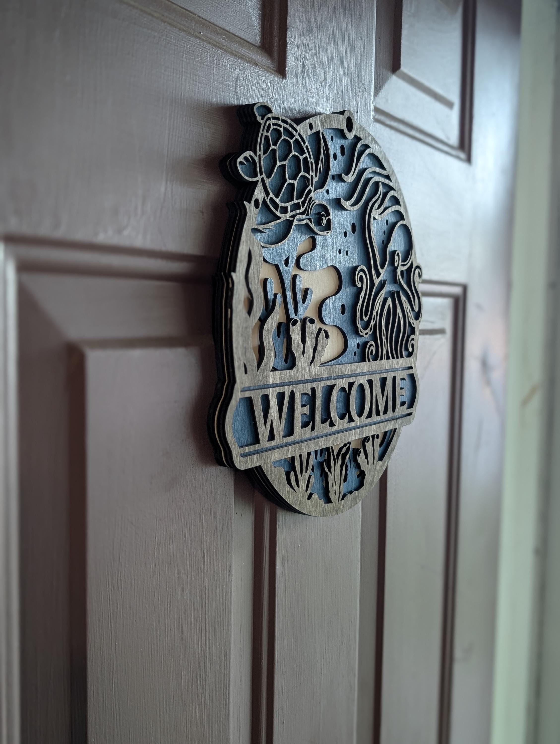Ocean Welcome Sign – Sea Turtle & Octopus Coastal Door Hanger | Beach House Decor | Nautical Laser Cut Wood Sign - Thumbnail 5