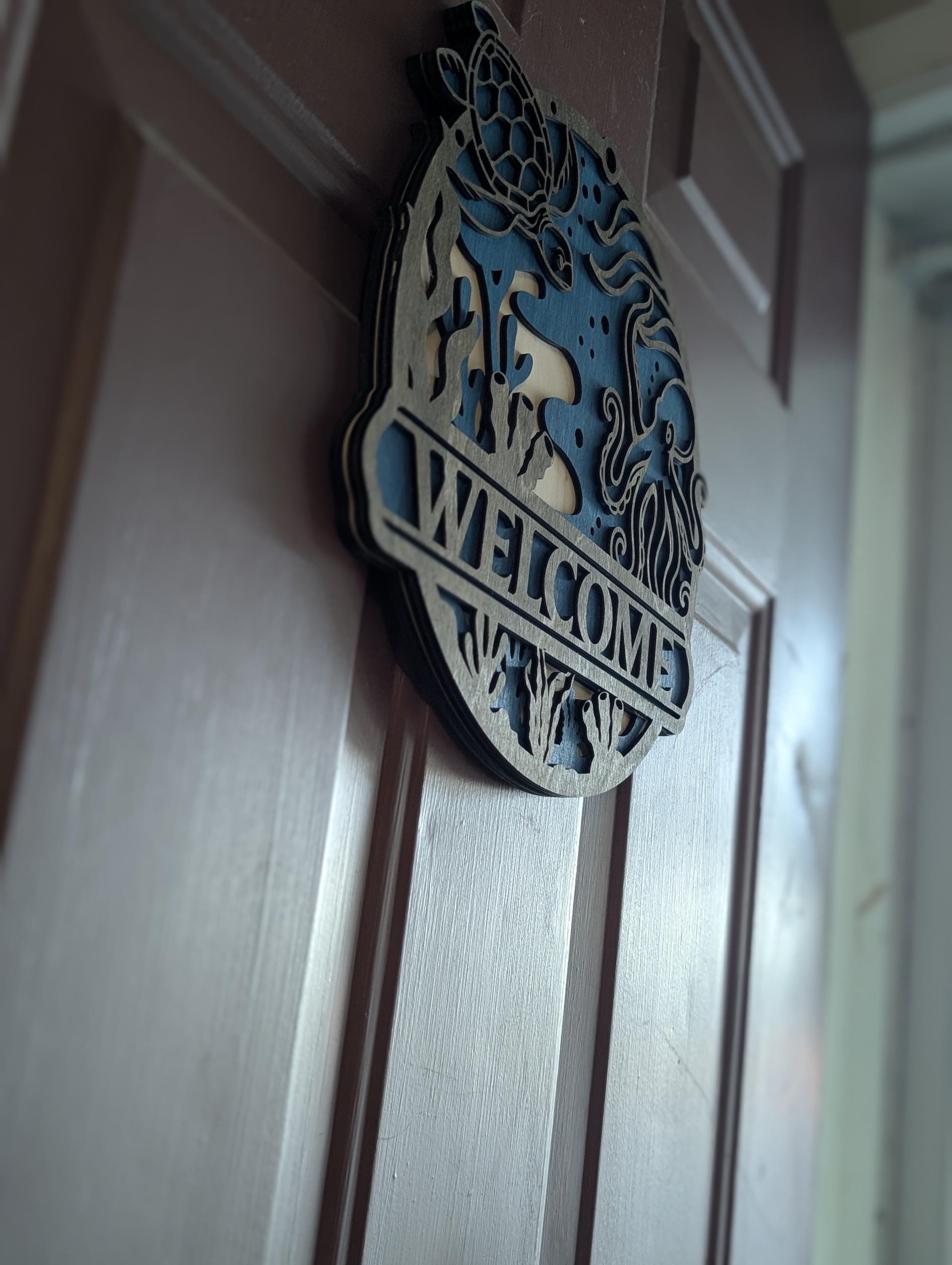 Ocean Welcome Sign – Sea Turtle & Octopus Coastal Door Hanger | Beach House Decor | Nautical Laser Cut Wood Sign - Thumbnail 3