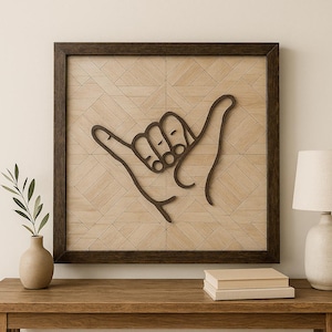 Shaka Hand Wooden Wall Art | Rustic Geometric Surf Decor | Hang Loose Sign | Handmade Wood Sign | Hawaiian Shaka Wall Hanging | BOHO Sign