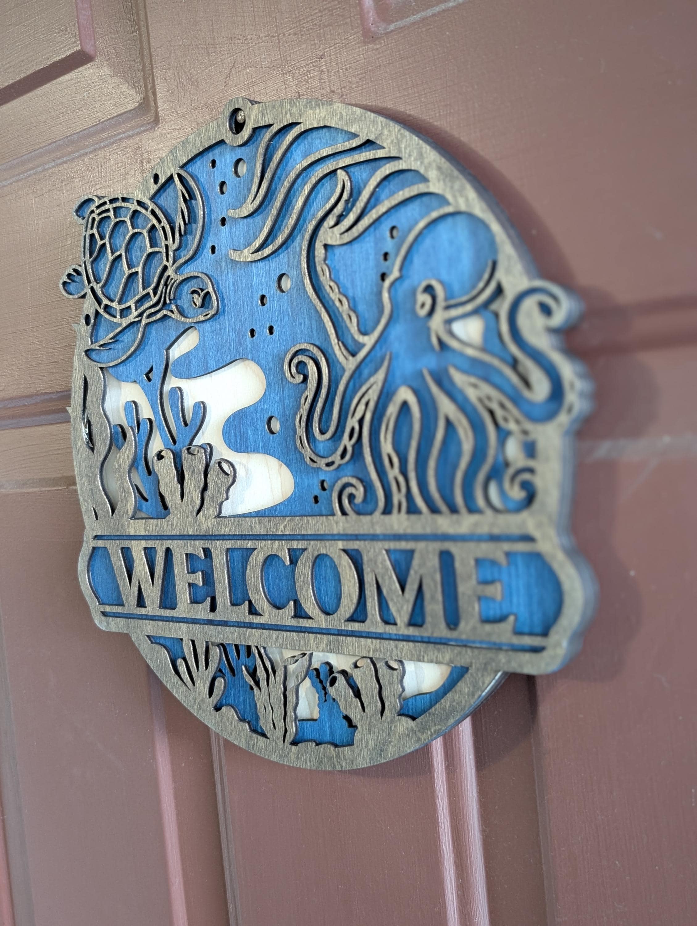 Ocean Welcome Sign – Sea Turtle & Octopus Coastal Door Hanger | Beach House Decor | Nautical Laser Cut Wood Sign - Thumbnail 2