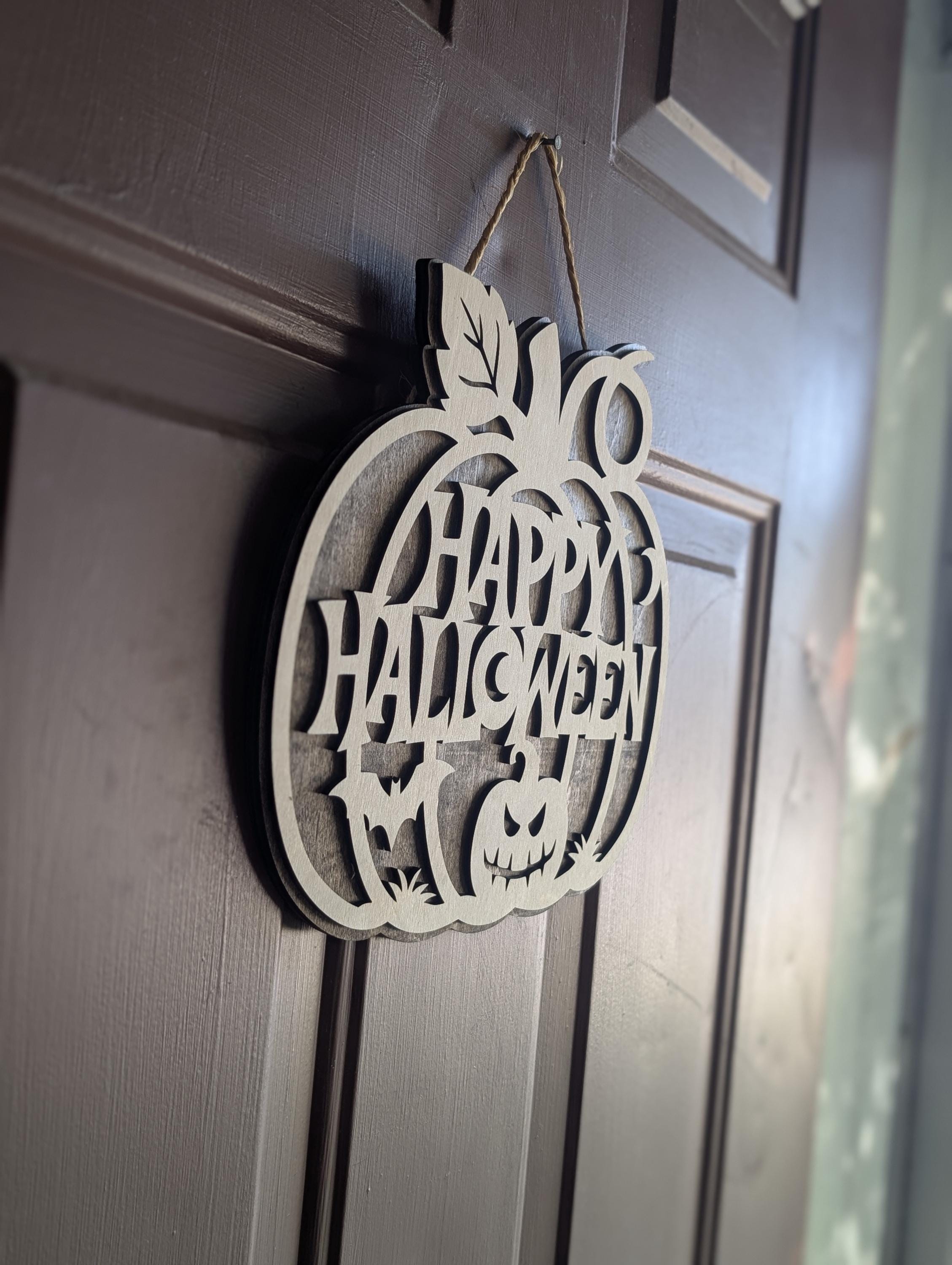 Happy Halloween Wooden Door Hanger | 12” Pumpkin Sign | Laser Cut Birch & Maple Plywood | Fall Door Décor - Thumbnail 2