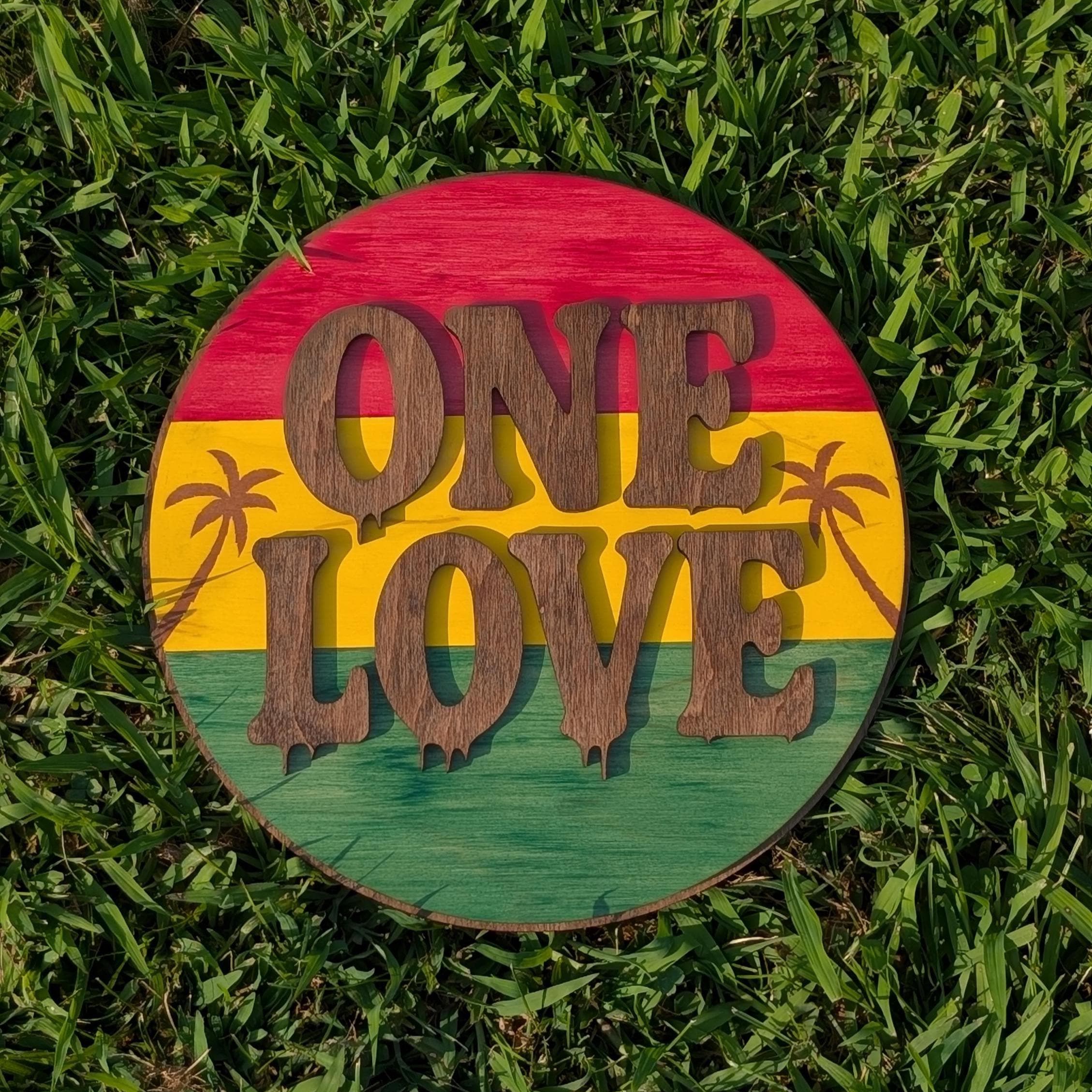 ONE LOVE Reggae Wall Sign: Rasta Home Decor with Palm Tree - Thumbnail 3