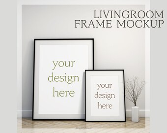 Set of Tow Vertical Black Frame Mockup, Living Room Poster Mockup, Digital Frame Mockup, Minimalist Interior Mockup, Black Wood Frame Mockup