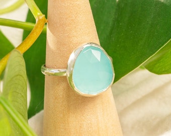 Bague ajustable | Gemme à facettes | Calcédoine aquatique | Argent sterling