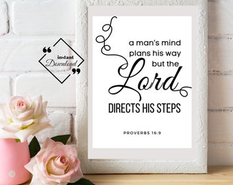 Bible Verse Poster, A Man's Heart Plans His Way, Proverbs 16:9, Bible Quote, Christian Décor, Bible Verse, Scripture Art, Instant Downloads