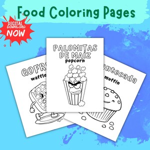 Bilingual Food Coloring Pages for Kids | Spanish English Printable Worksheets | Preschool Learning Activity | Digital Download
