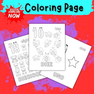 Bilingual Numbers Coloring Pages: Spanish-English Learning (Digital Download)