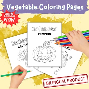 Vegetable Coloring Pages for Kids | Bilingual Spanish English Printable Worksheets | Easy Preschool Activity | Educational Digital Download