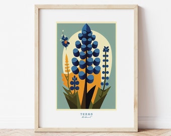 Texas State Flower, Bluebonnet Flower, Retro Flower digital art download, Art Print, Mary Blair style 1960's Wall Art