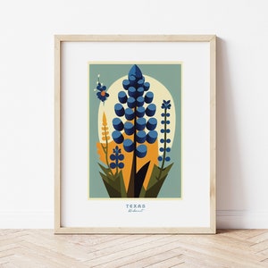 Flor del Estado de Texas, Flor Bluebonnet, Descarga de arte digital Retro Flower, Impresión de arte, Arte de pared estilo Mary Blair de los años 60