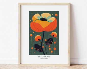 California State Flower, California poppy Flower, Golden Poppy vintage  digital art download Art Print, Mary Blair style 1960's Wall Art