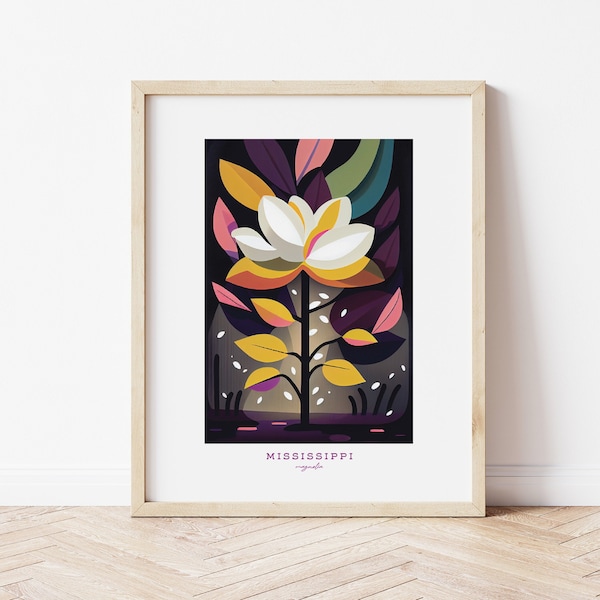 Mississippi State Flower, Magnolia Flower, Mississippi magnolia vintage digital art download Art Print, Mary Blair style 1960's Wall Art