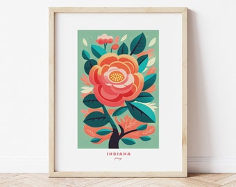 Indiana State Flower, peony Flower, Indiana Peony Flower vintage digital art download Art Print, Mary Blair style 1960's Wall Art