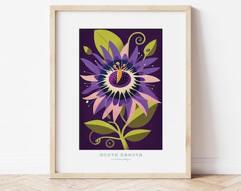 South Dakota State Flower, American Pasque Flower, Retro Flower digital art download, Art Print, Mary Blair style 1960's Wall Art