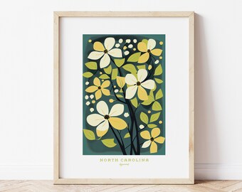 North Carolina State Flower, Dogwood Tree Blossom, Retro Dogwood Blossom digital art download, Art Print, Mary Blair style 1960's Wall Art