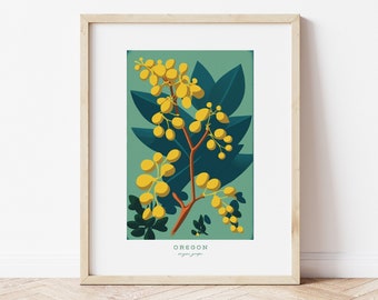 Oregon State Flower, Oregon Grape Blossom flower, Retro Flower digital art download, Art Print, Mary Blair style 1960's Wall Art