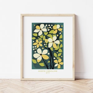 North Carolina State Flower, Dogwood Tree Blossom, Retro Dogwood Blossom digital art download, Art Print, Mary Blair style 1960&#39;s Wall Art