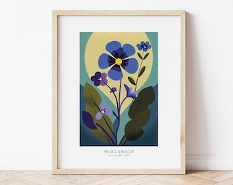 Flor del estado de Wisconsin, flor violeta azul, descarga de arte digital de flor retro, impresión de arte, arte de pared de Mary Blair estilo años 60