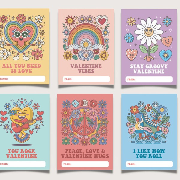 Retro Valentine Cards - Hippie Valentine Cards - Printable - Groovy - School Valentine - Class Party - Teen Valentines - Instant Download