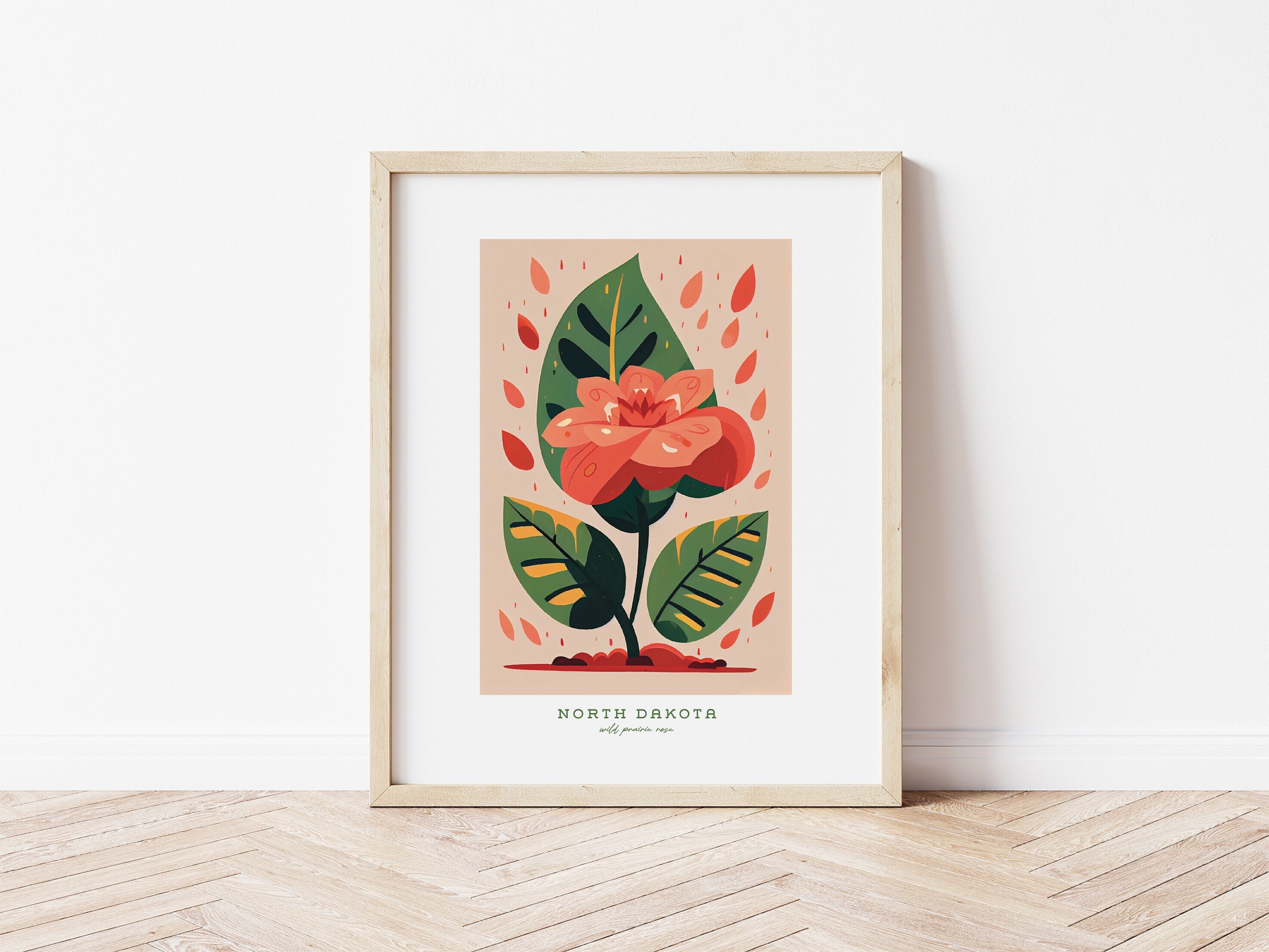 North Dakota State Flower, Wild Prairie Rose, Retro Wild Prairie Rose digital art download, Art Print, Mary Blair style 1960's Wall Art