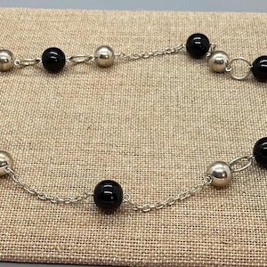 Silver Sweater Necklace with Black and Metallic Siver Beads