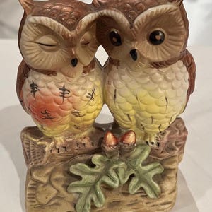 Pair of Owls Sitting on a Branch, vintage 70s